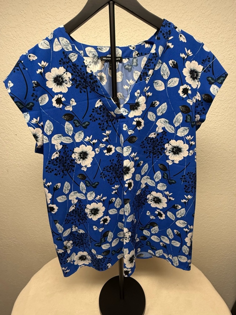 Hilary Radley Royal Blue Floral V-Neck Blouse